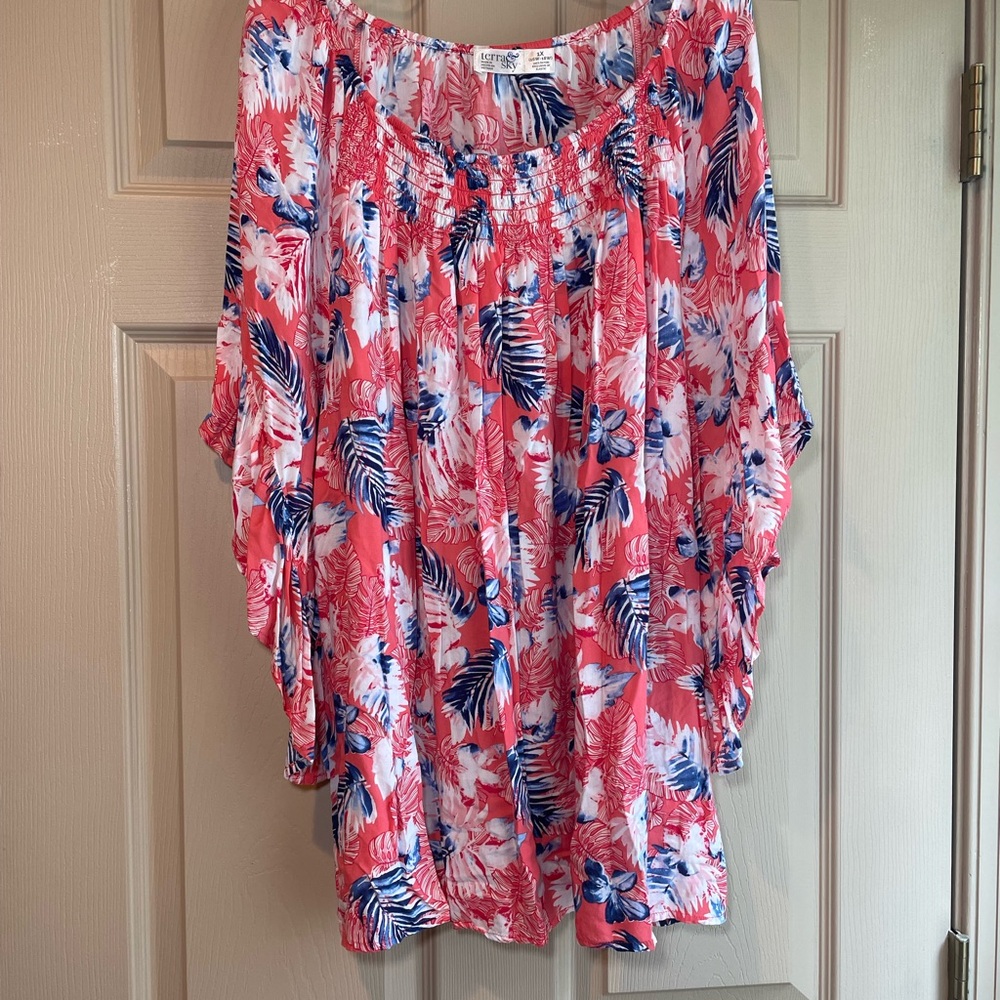 Gorgeous Terra & Sky Floral Blouse with Asymmetrical Sleeves, Size 16W-18W